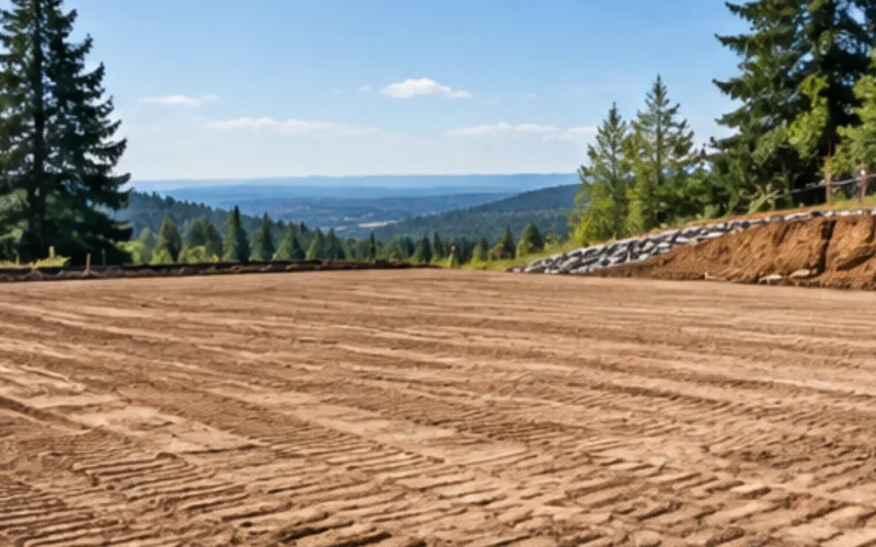 Freshly graded dirt building pad with a rock retaining wall, ready for construction after site preparation.