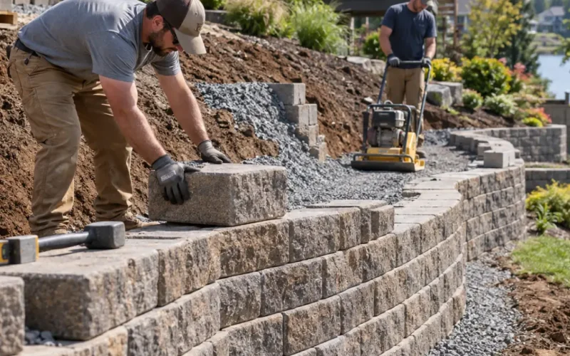 Workers building a stone retaining wall with plate compactor on a landscaped hillside.