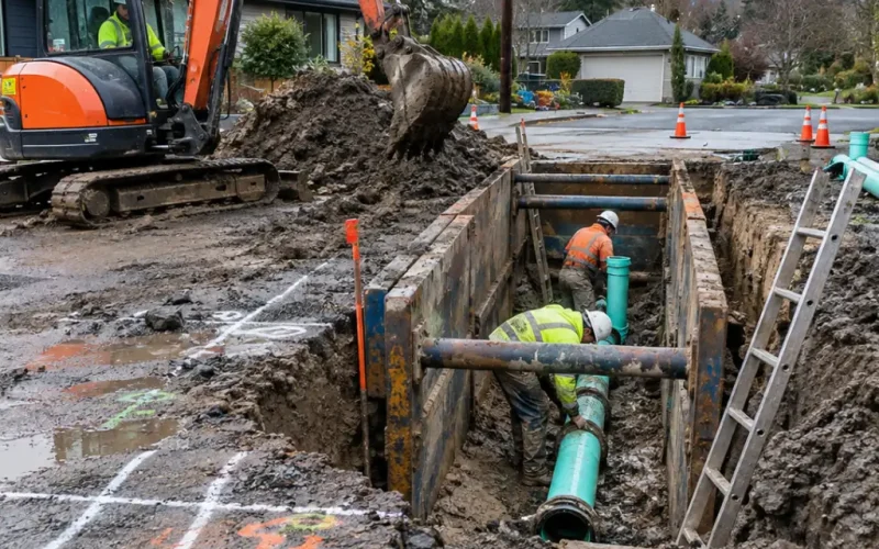 Crew laying green sewer pipe in a shored utility trench while an excavator removes soil beside a residential street.