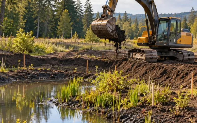Excavator moving soil along the edge of a restored wetland pond with young grasses growing at the waterline.