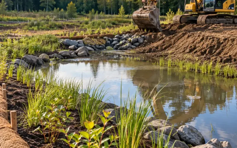 Restored wetland pond with a rock-lined bank, coir erosion control log and new plantings, with an excavator working behind.